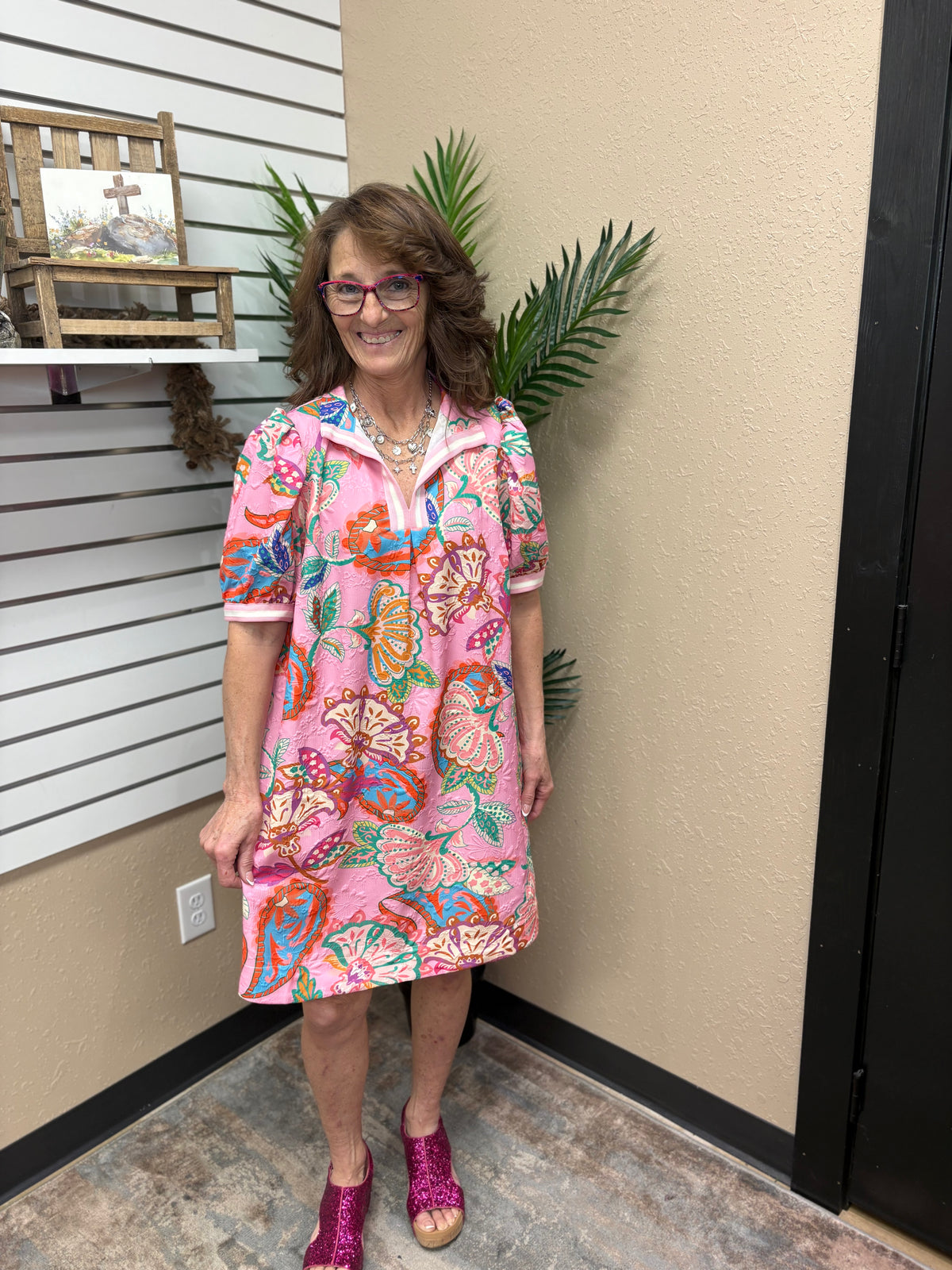 Pink Mix Jacquard Paisley Print Puff Sleeve Tunic Dress by Umgee