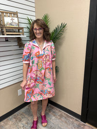 Pink Mix Jacquard Paisley Print Puff Sleeve Tunic Dress by Umgee