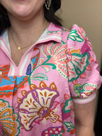 Pink Mix Jacquard Paisley Print Puff Sleeve Tunic Dress by Umgee