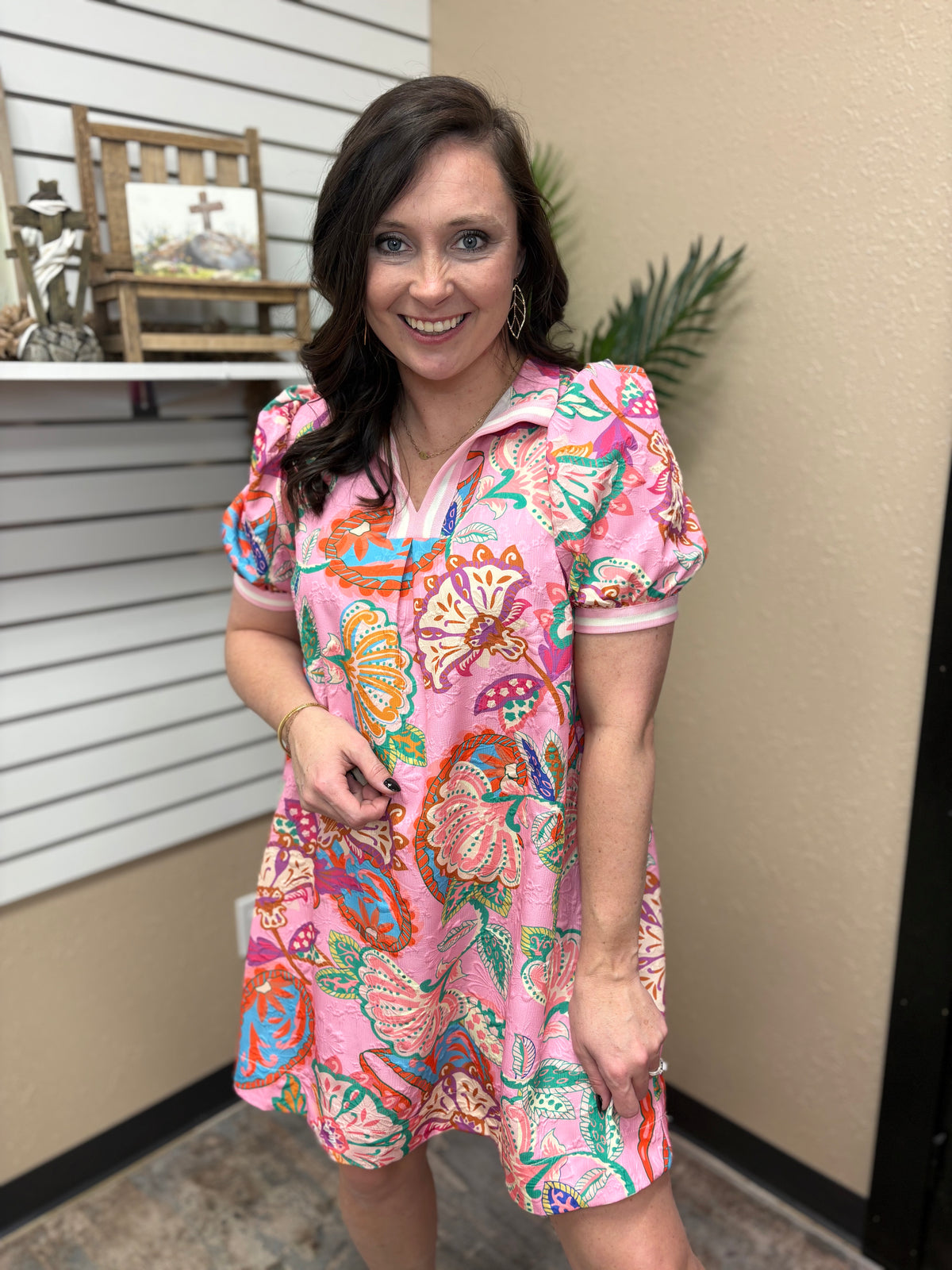 Pink Mix Jacquard Paisley Print Puff Sleeve Tunic Dress by Umgee