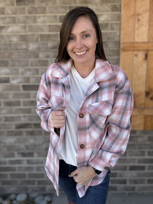 3395- Pink Plaid Button Down Shacket by Simply Southern