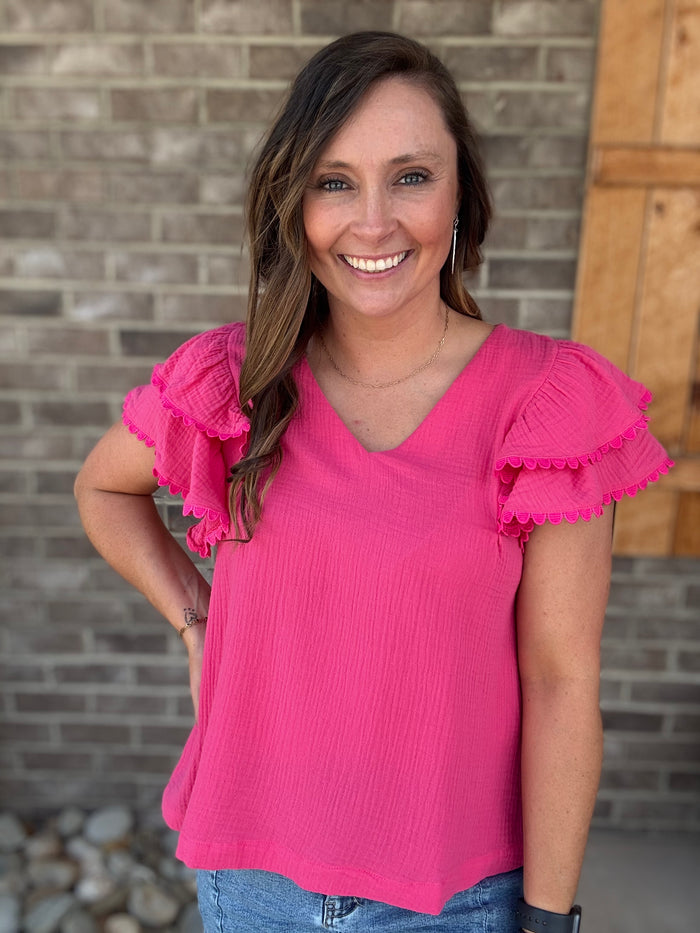 Pink Scallop Sleeve Short Sleeve Top by Umgee