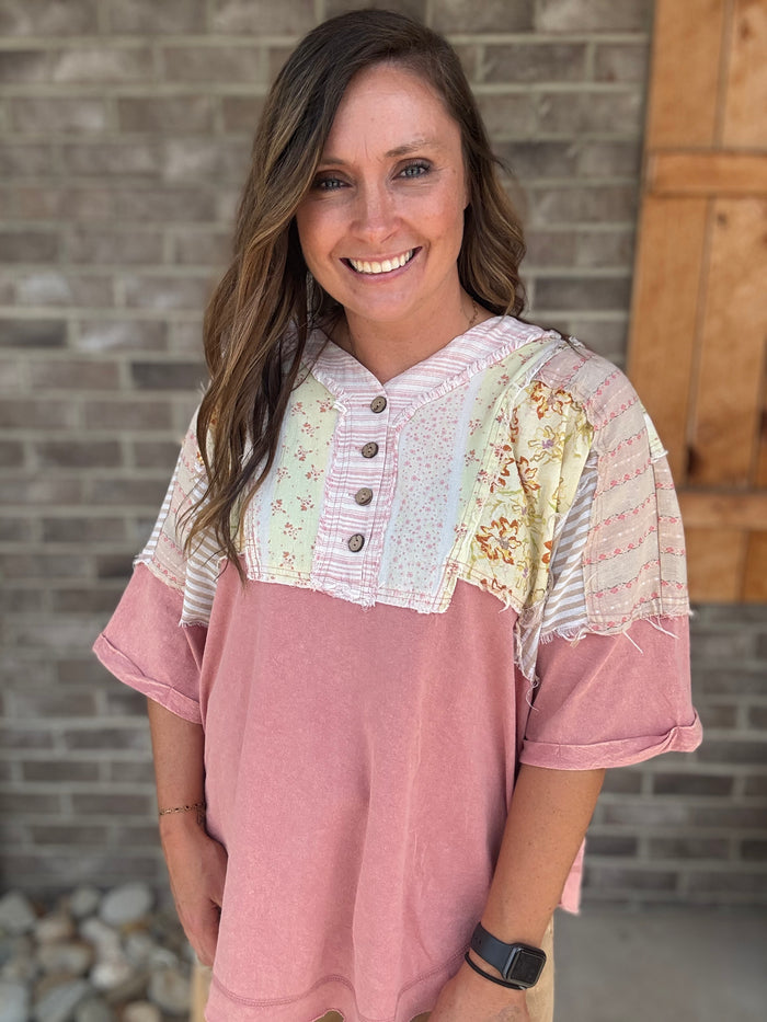 Pink Washed Half Plaid Patch Print Mix Henley Top by Oli &amp; Hali