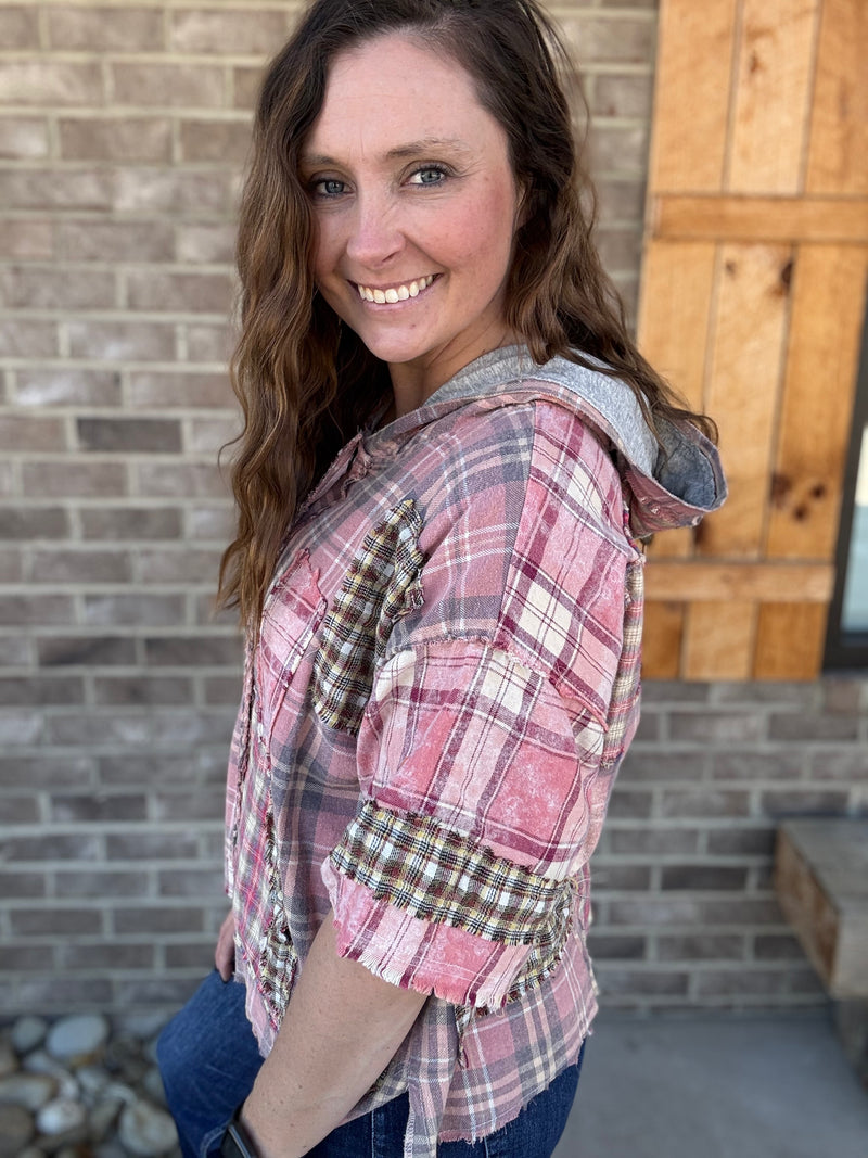 Pink Washed Mix Button Down Hoodie Top by Oli & Hali