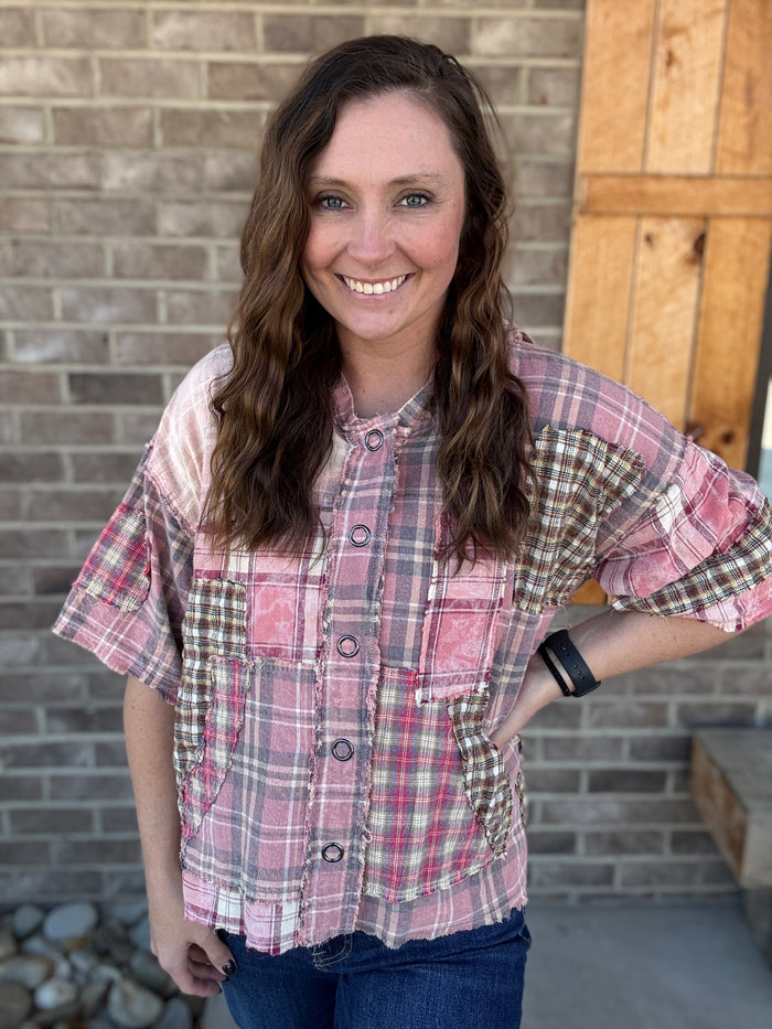 Pink Washed Mix Button Down Hoodie Top by Oli & Hali