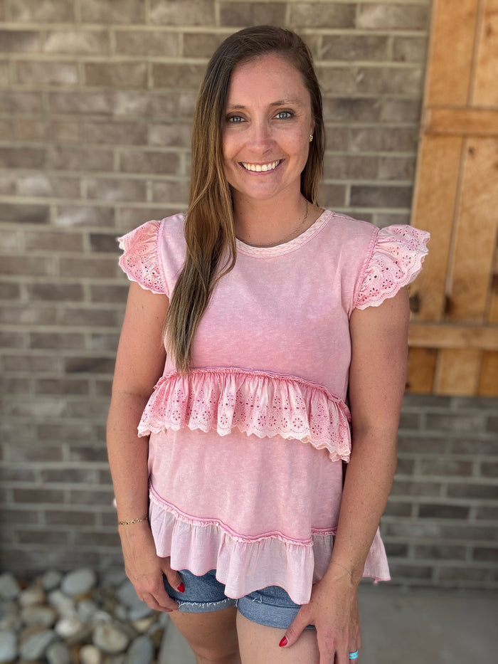 Pink Blossom Mineral Washed Eyelet Ruffle Tunic