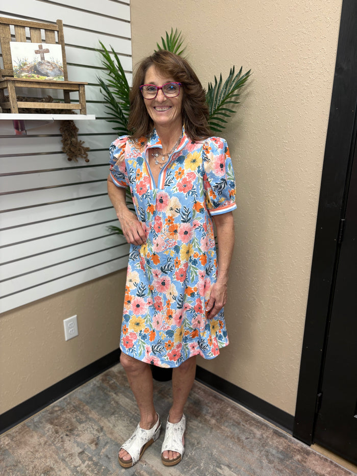 Pink & Blue Floral Print High Neck Mini Dress