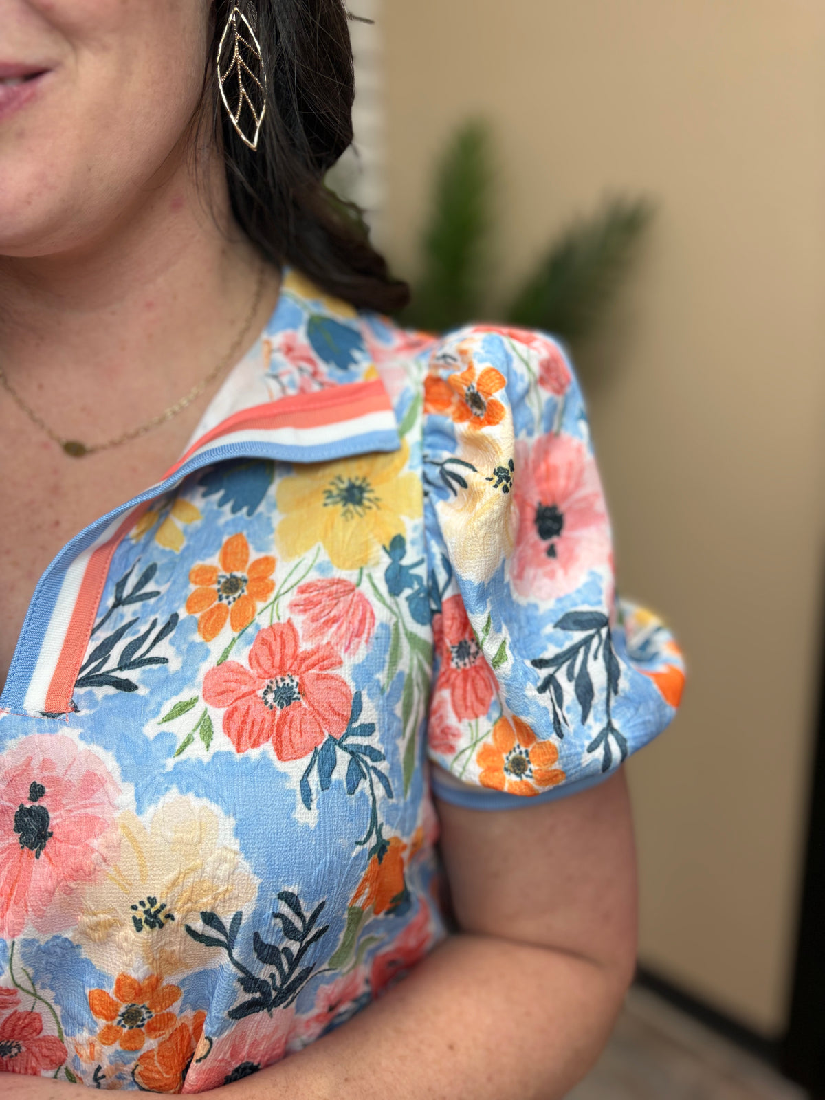 Pink & Blue Floral Print High Neck Mini Dress