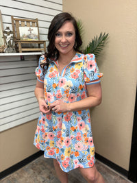 Pink & Blue Floral Print High Neck Mini Dress