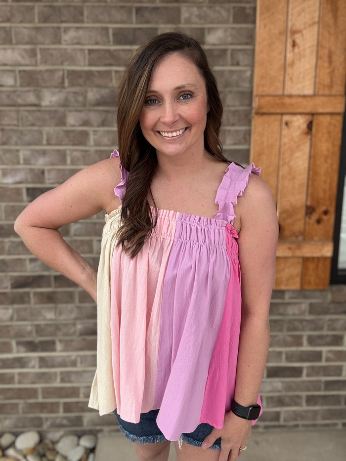 Pink, Blush, and Lavender Frill Shoulder Strap with Elastic Chest Top