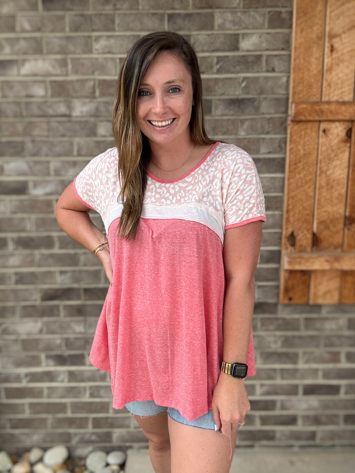 Pink Color Block Short Sleeve Top w/ Leopard