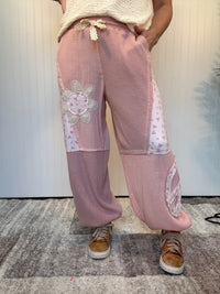 Pink Floral Patch Thermal & Gauze Boho Wide-Leg Pants by POL
