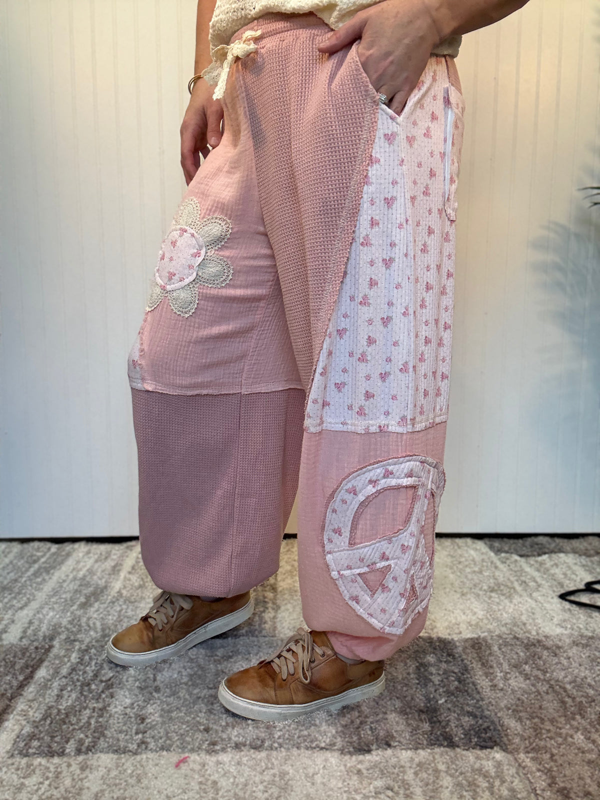 Pink Floral Patch Thermal & Gauze Boho Wide-Leg Pants by POL