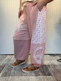 Pink Floral Patch Thermal & Gauze Boho Wide-Leg Pants by POL