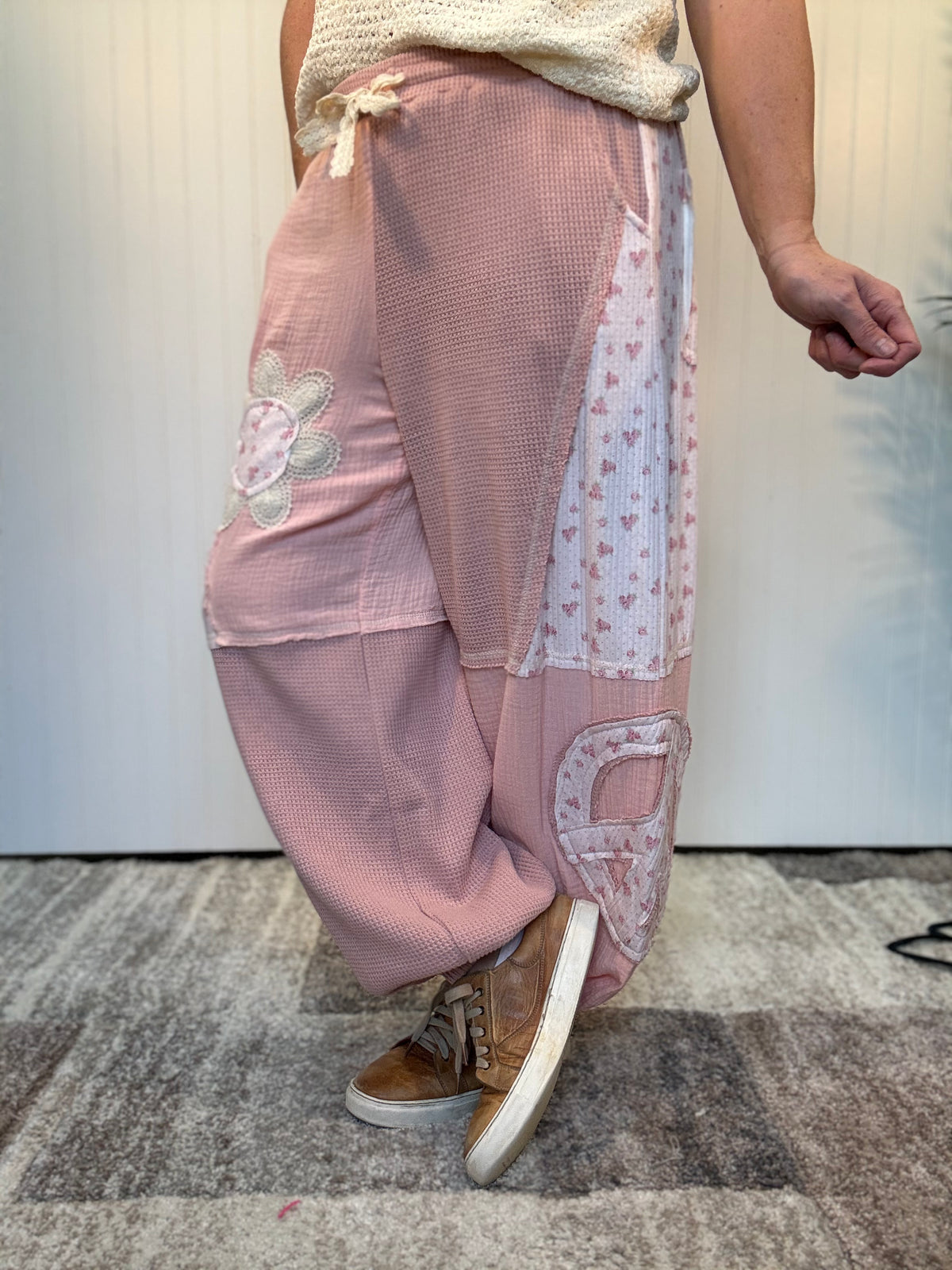 Pink Floral Patch Thermal & Gauze Boho Wide-Leg Pants by POL