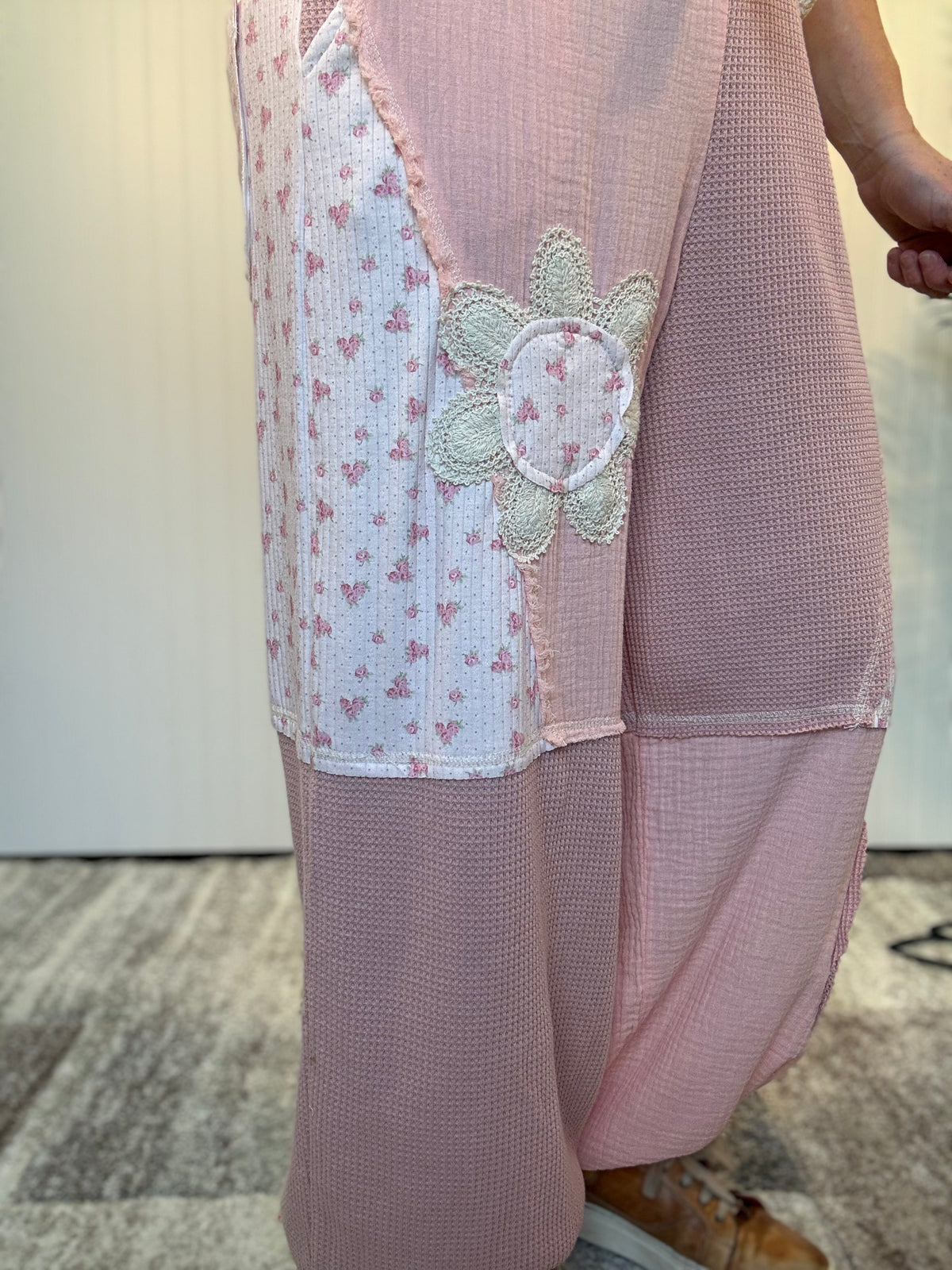 Pink Floral Patch Thermal & Gauze Boho Wide-Leg Pants by POL