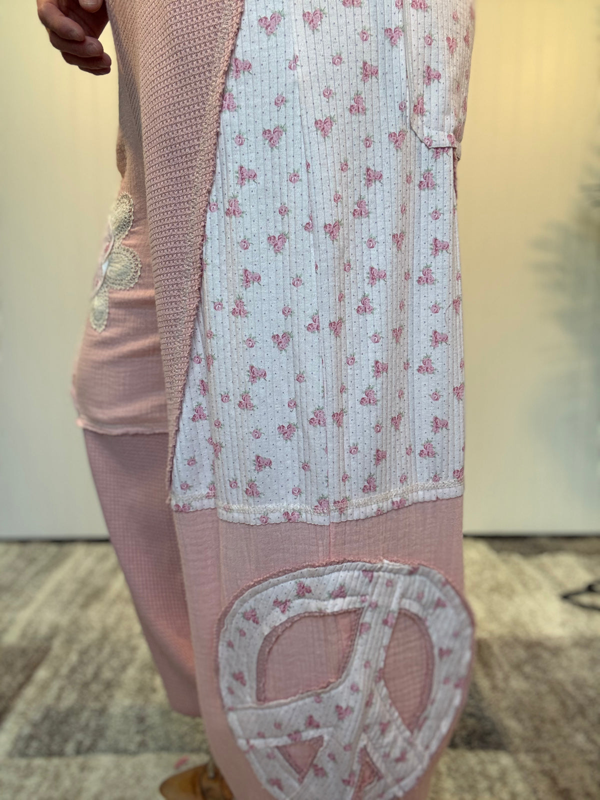 Pink Floral Patch Thermal & Gauze Boho Wide-Leg Pants by POL