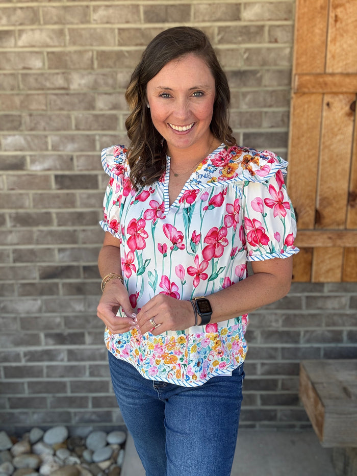 Pink Floral Print Striped Detail Split Neck Blouse