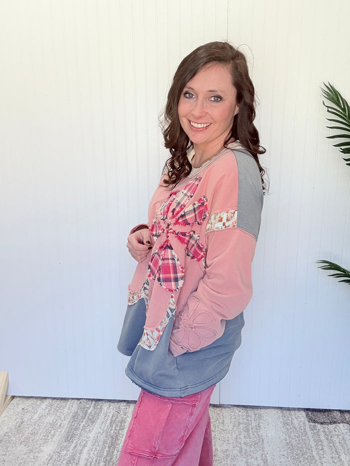Pink Mix Exaggerated Flower Patch Color Block Top