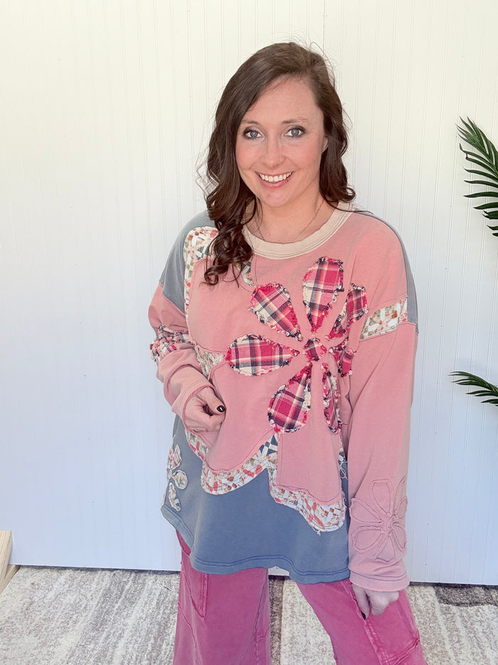 Pink Mix Exaggerated Flower Patch Color Block Top