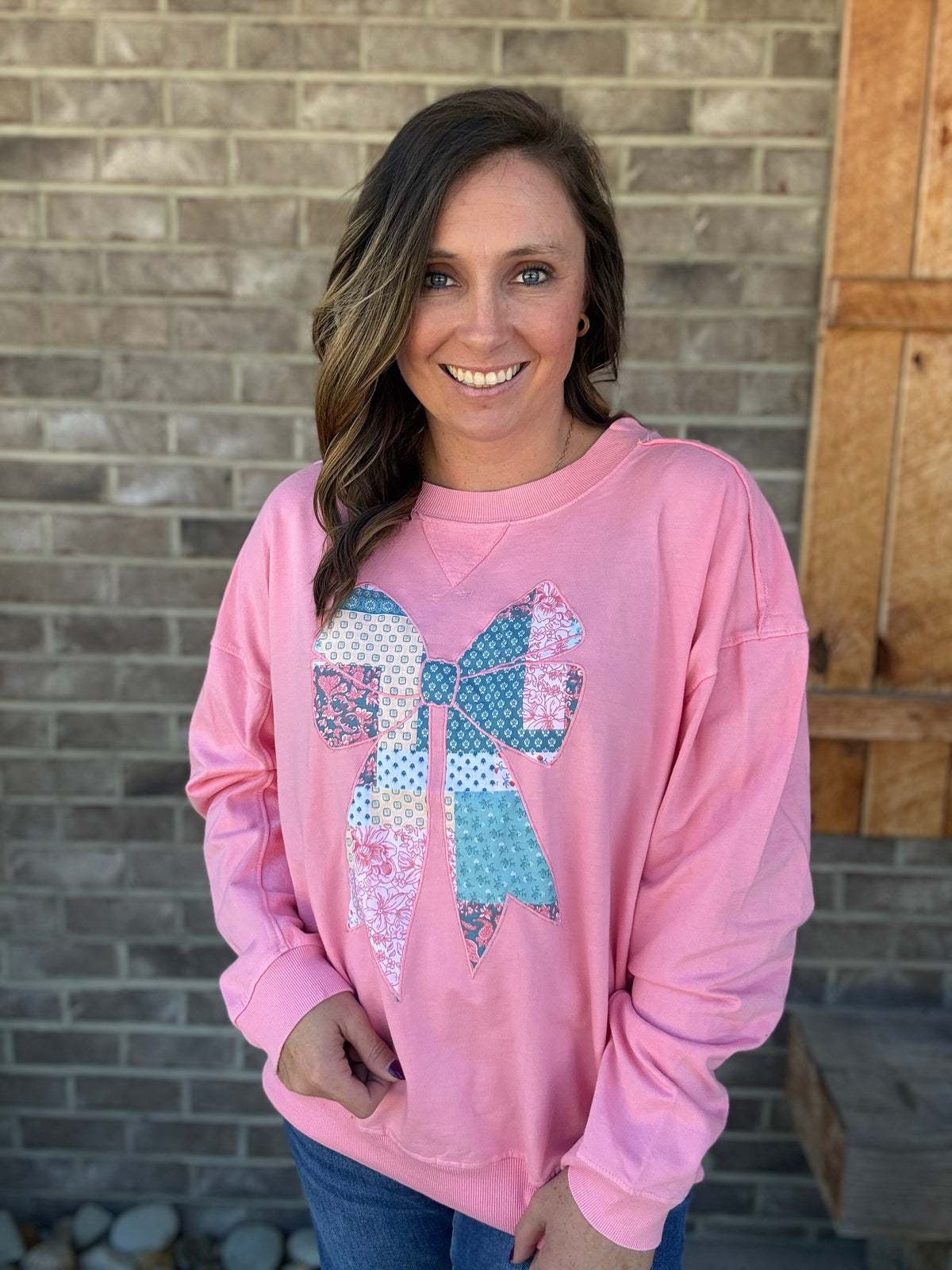 Pink Patchwork Long Sleeve Pullover by Simply Southern