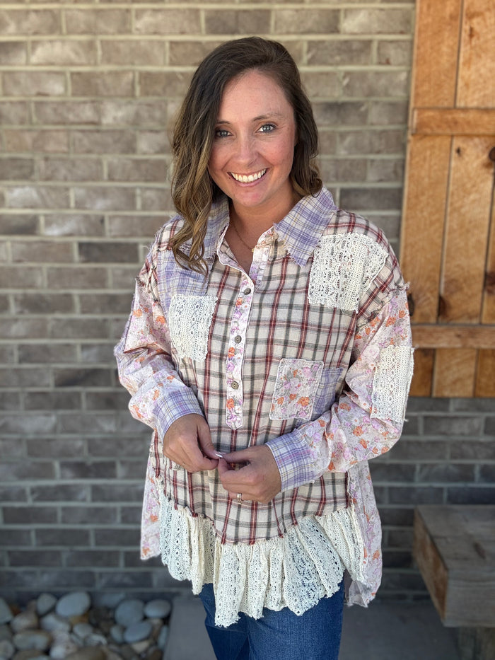 Pink Plaid Mix Washed Ruffle Hem Long Sleeve Top w/ Lace Base Detail by Oli & Hali