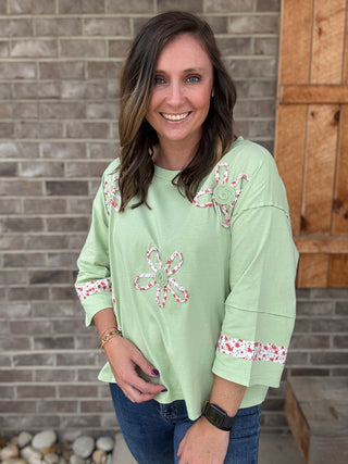 Pistachio Patchwork Flower Long Sleeve Knit Top by Oddi