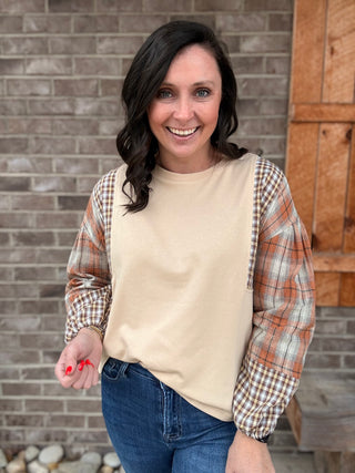 Oatmeal and Rust Plaid Contrast Bubble Sleeve Pullover