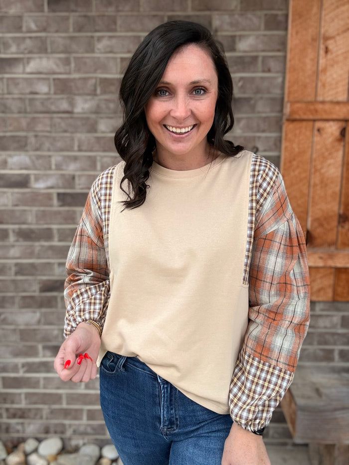 Oatmeal and Rust Plaid Contrast Bubble Sleeve Pullover