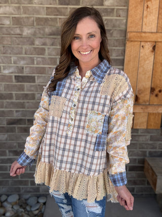 Plaid Mix Washed Ruffle Hem Long Sleeve Top w/ Lace Base Detail by Oli & Hali