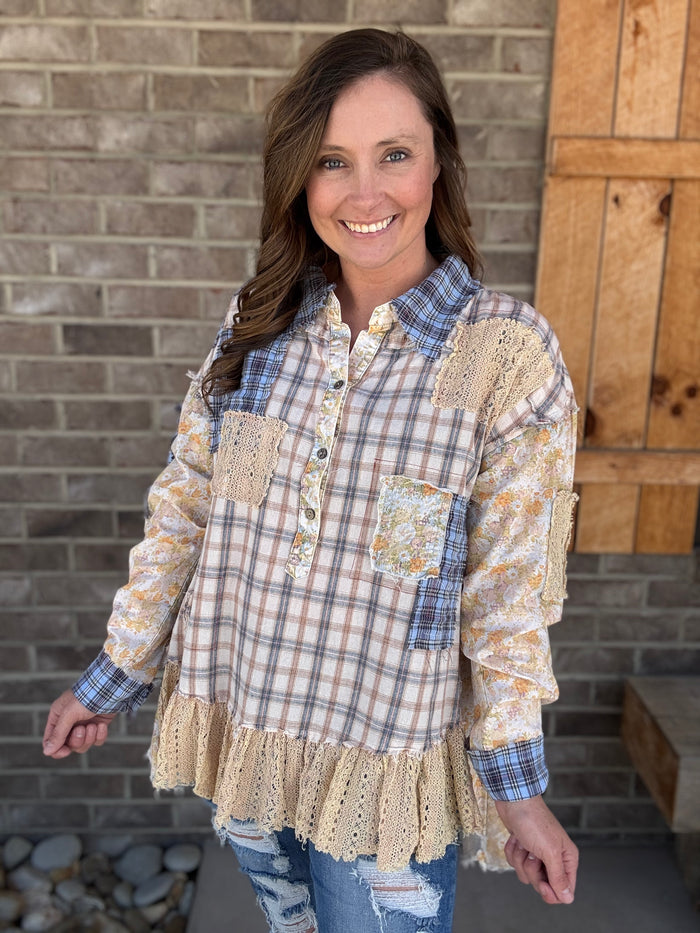 Plaid Mix Washed Ruffle Hem Long Sleeve Top w/ Lace Base Detail by Oli & Hali