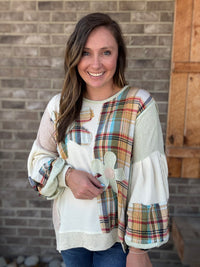 Plaid Mix Daisy Patch Oversized Knit Top