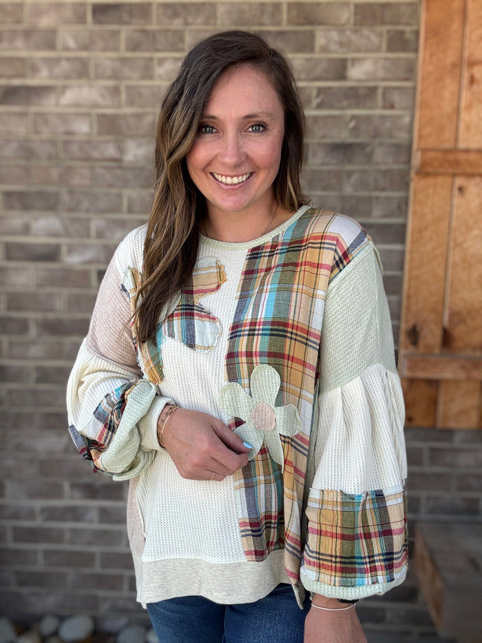 Plaid Mix Daisy Patch Oversized Knit Top