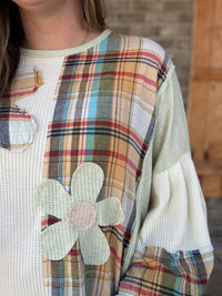 Plaid Mix Daisy Patch Oversized Knit Top