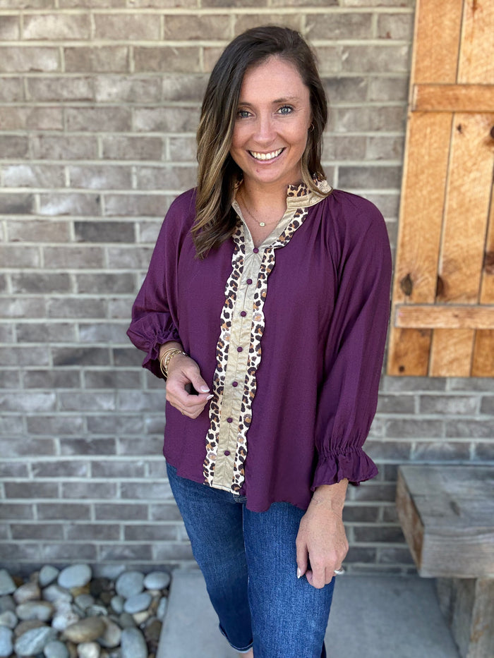 Plum Button Front Blouse with Leopard Trim by Umgee