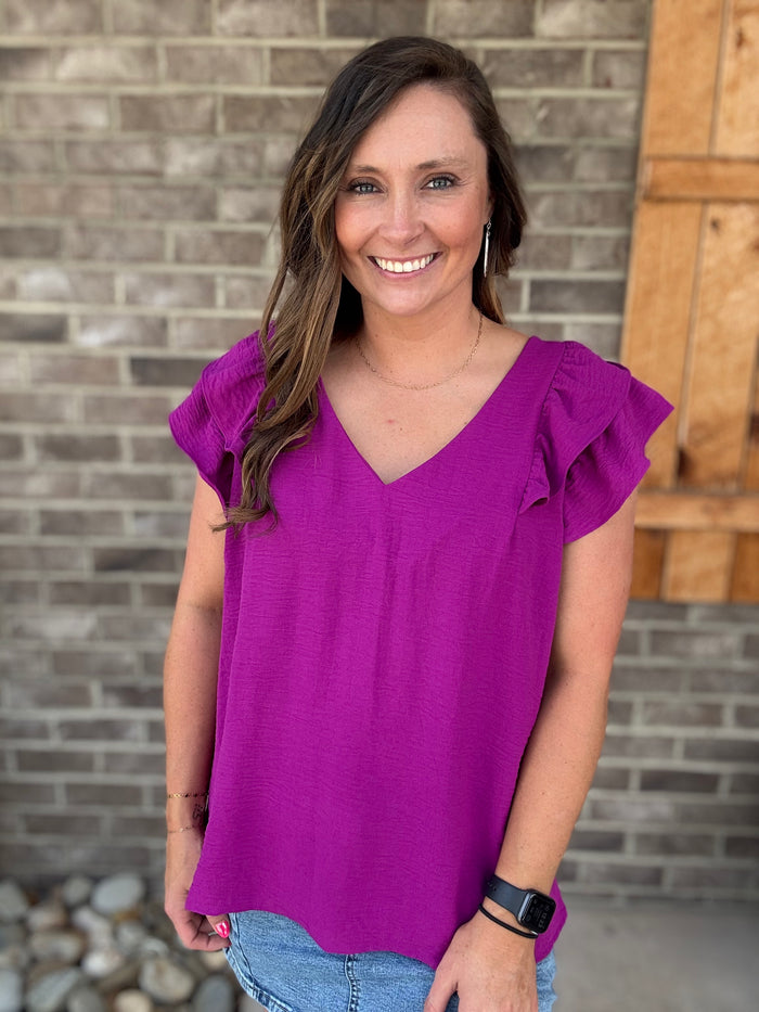 Purple Ruffle Edge V-Neck Top by Umgee