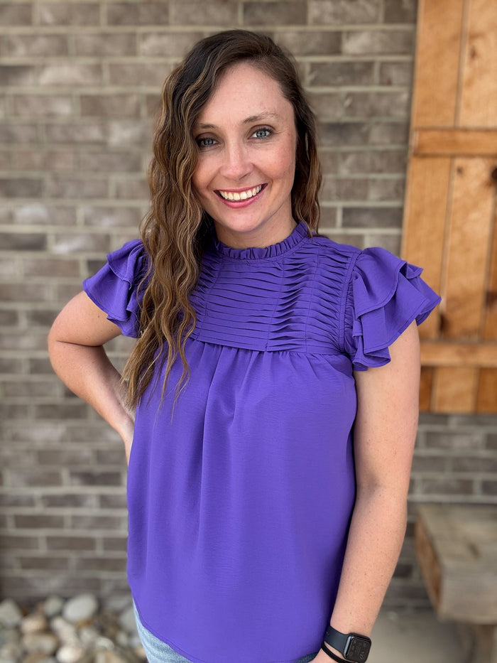 Purple Ruffle Sleeve Pleated Woven Top