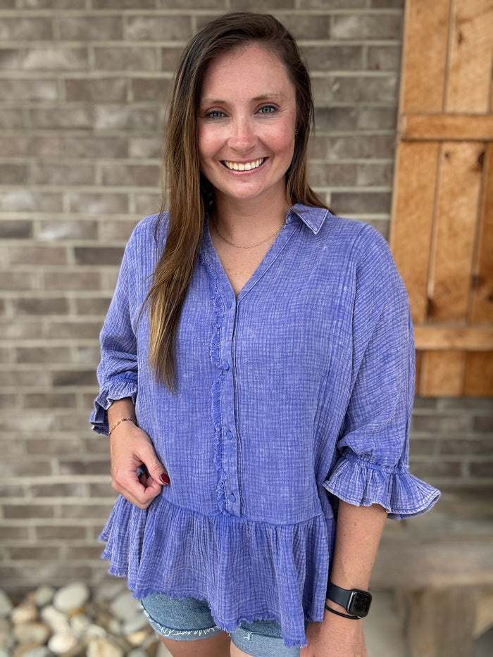 Purple Mineral Wash Cotten Gauze 3/4 Length Sleeve Top by Umgee
