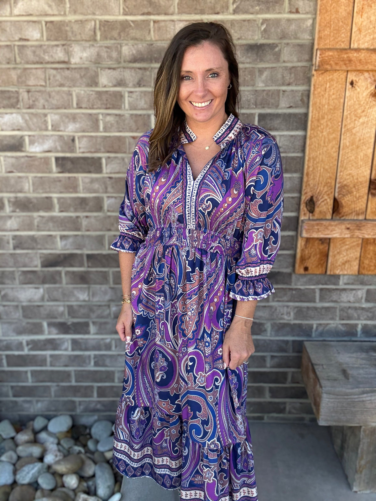 Purple Umgee Exclusive Paisley Print Smocked Waist Midi Dress by Umgee