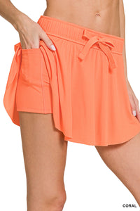 Coral Ruffle Hem Tennis Skirt w/ Pocket Biker Shorts