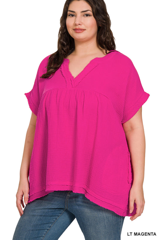 Fuchsia Oversized Raw Edge Gauze V-Neck Top by Zenana