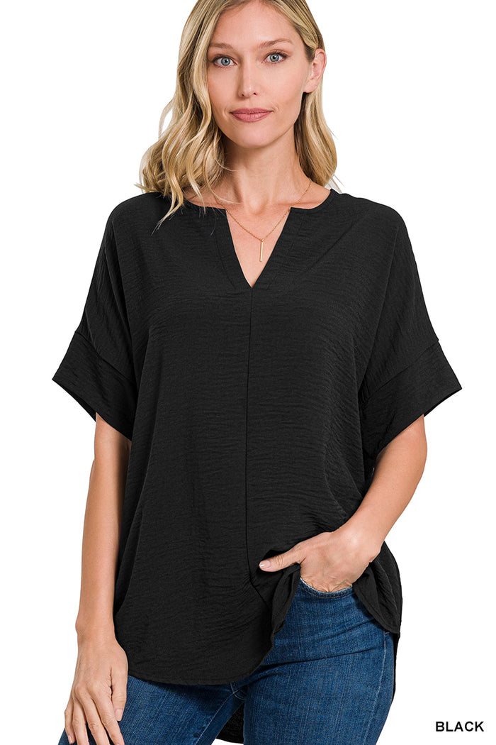 Black Woven Airflow Spilt Short Sleeve Top