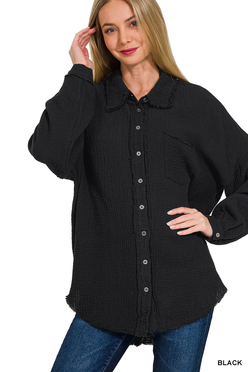 3230- Black Gauze Button Oversized Down Top