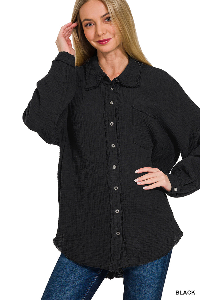 3230- Black Gauze Button Oversized Down Top