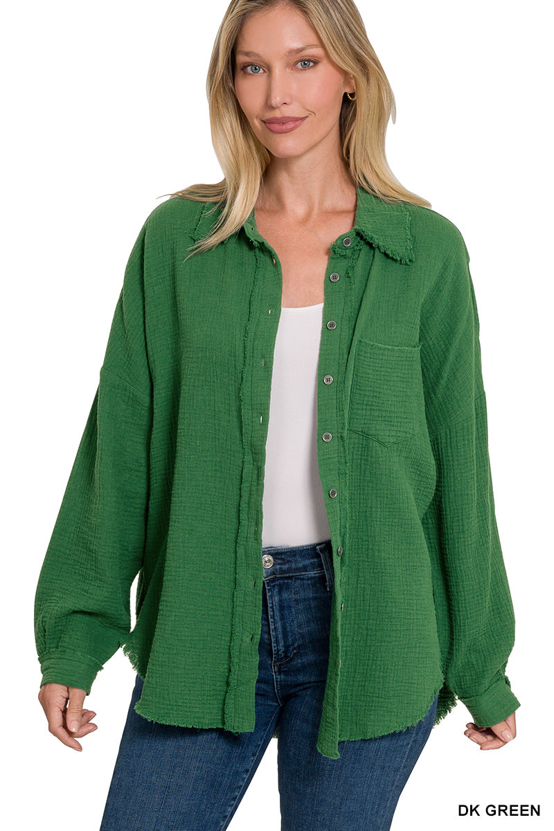 3231- Dark Green Gauze Button Oversized Down Top