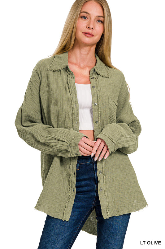 3232- Light Olive Gauze Button Oversized Down Top