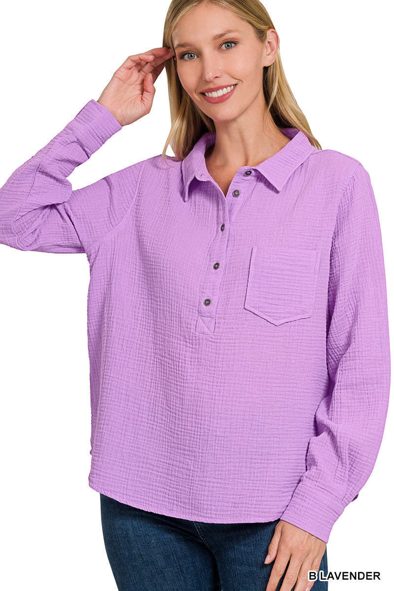 3233- Lavender Gauze 3/4 Button Down Long Sleeve Top