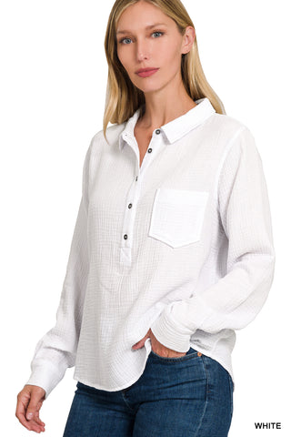 3235- White Gauze 3/4 Button Down Long Sleeve Top