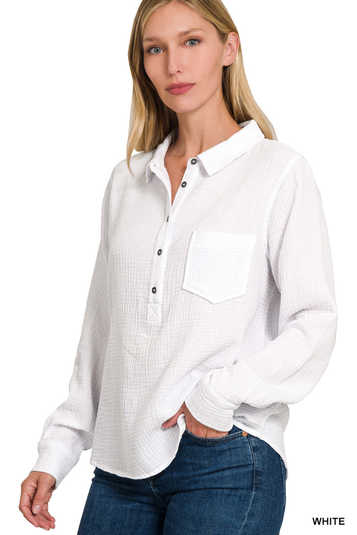 3235- White Gauze 3/4 Button Down Long Sleeve Top (Copy)