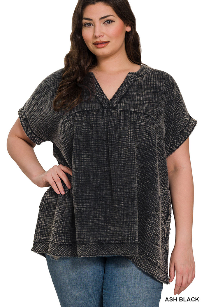 Ash Black Washed Gauze Raw Edge Short Sleeve Top